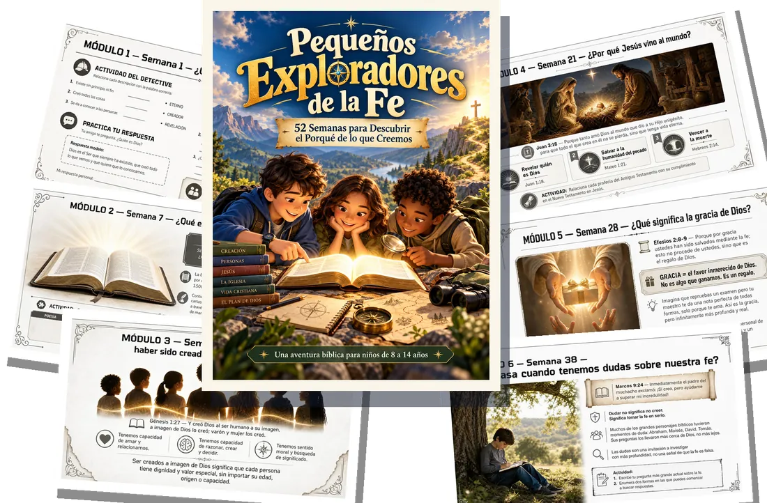 Portada de Pequeños Exploradores de la Fe junto a algunas páginas de ejemplo del material