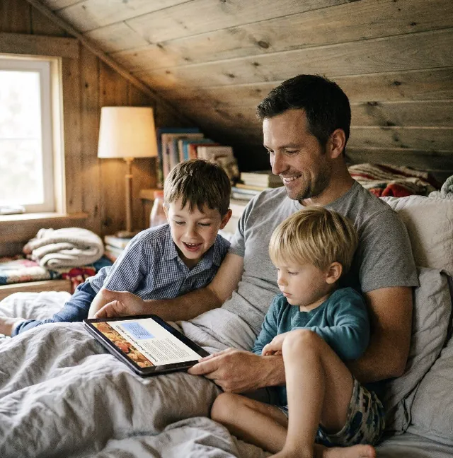 Andrés en la cama con sus dos hijos, mirando juntos una lección del material en una tablet